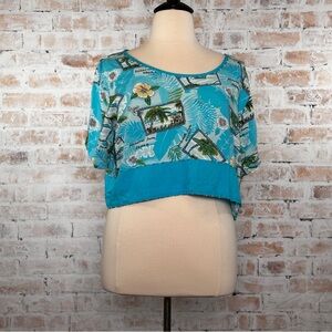 True Vintage 1990s Tropical Hibiscus Floral Palm Tree Print Scoop Neck Crop Top